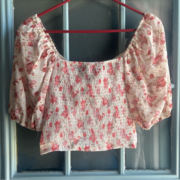 Buckle BKE Floral Front Tie Chiffon Puffy Sleeve Crop Top A. PEACH White Pink M - Picture 4 of 11